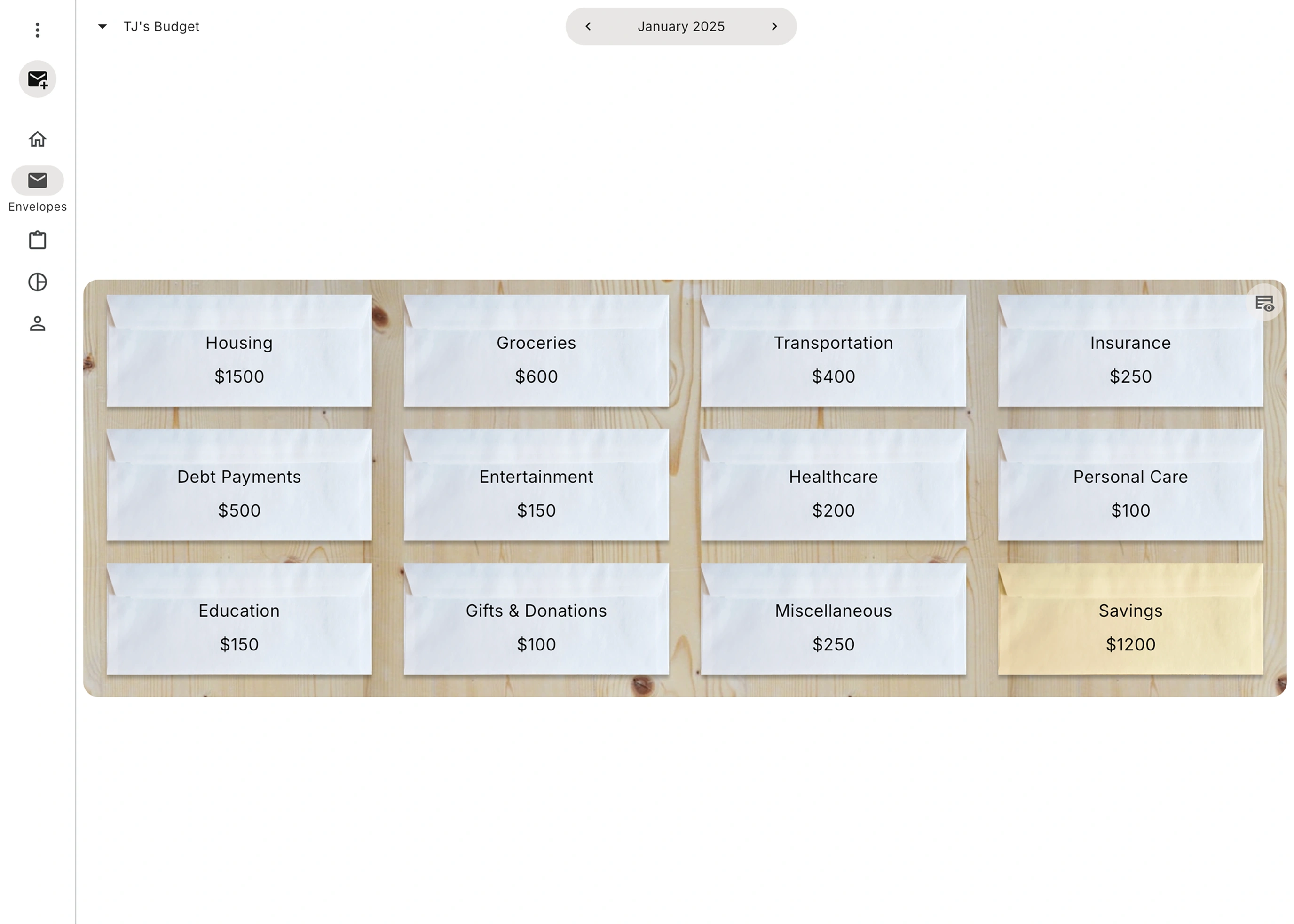 RealBudget envelopes list page on desktop or tablet screen