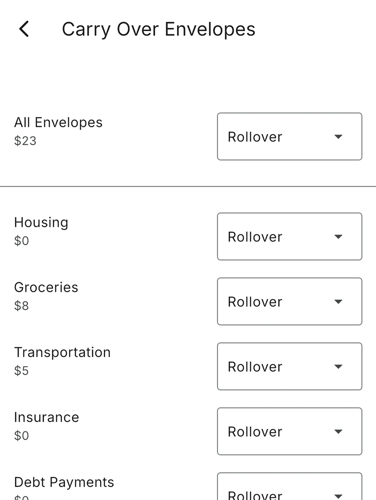 RealBudget carry over envelopes page on phone screen