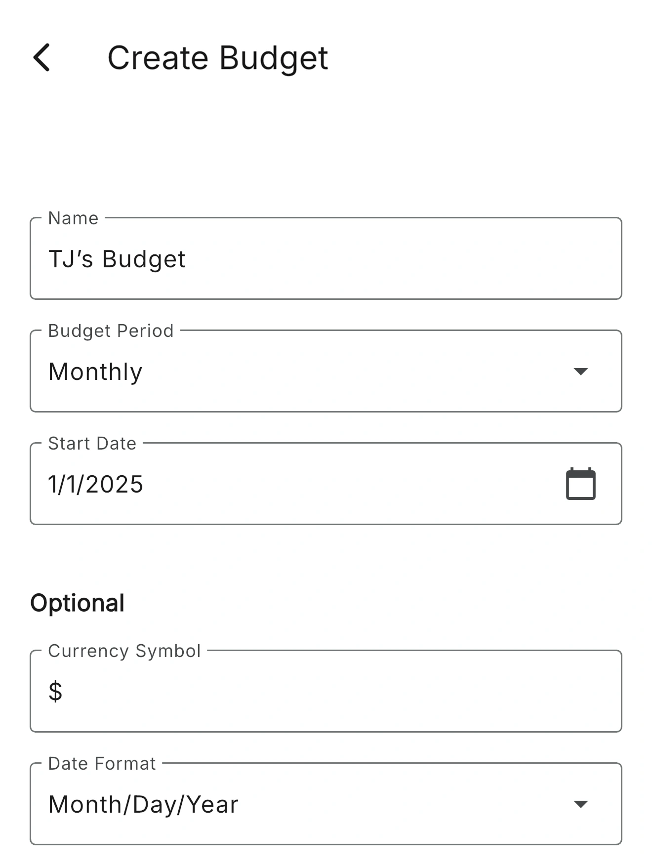 RealBudget create budget page on phone screen