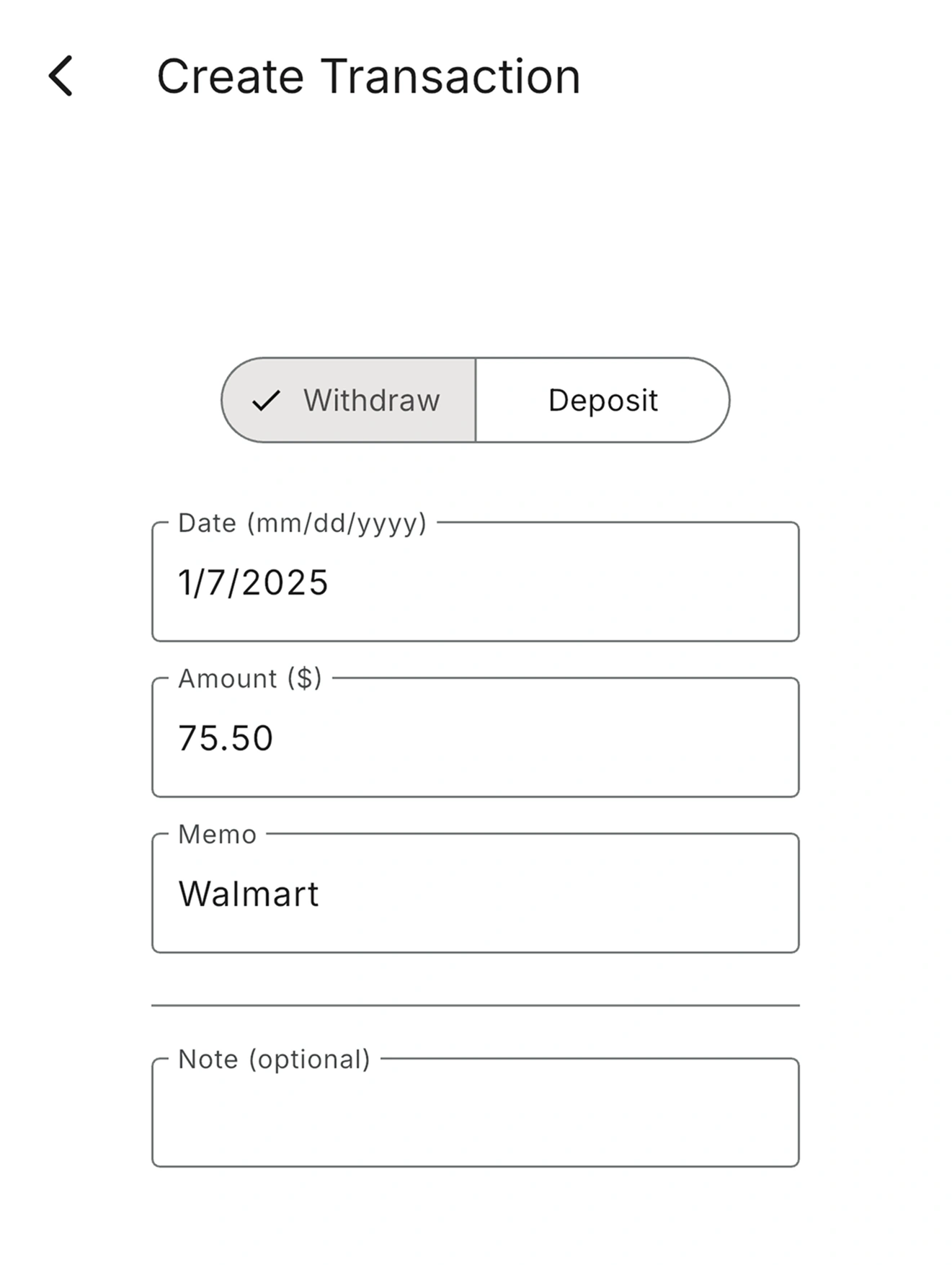 RealBudget create transaction page on phone screen