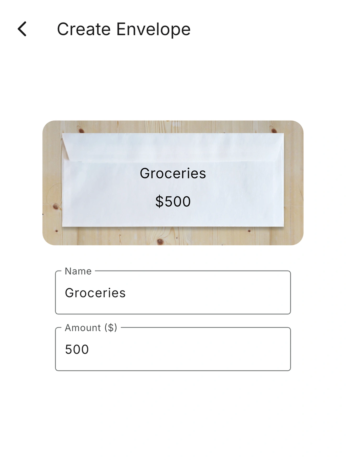 RealBudget create envelope page on phone screen